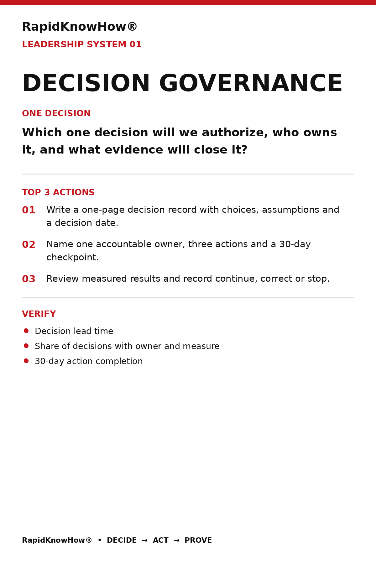 RapidKnowHow® Decision Governance — Action Guide