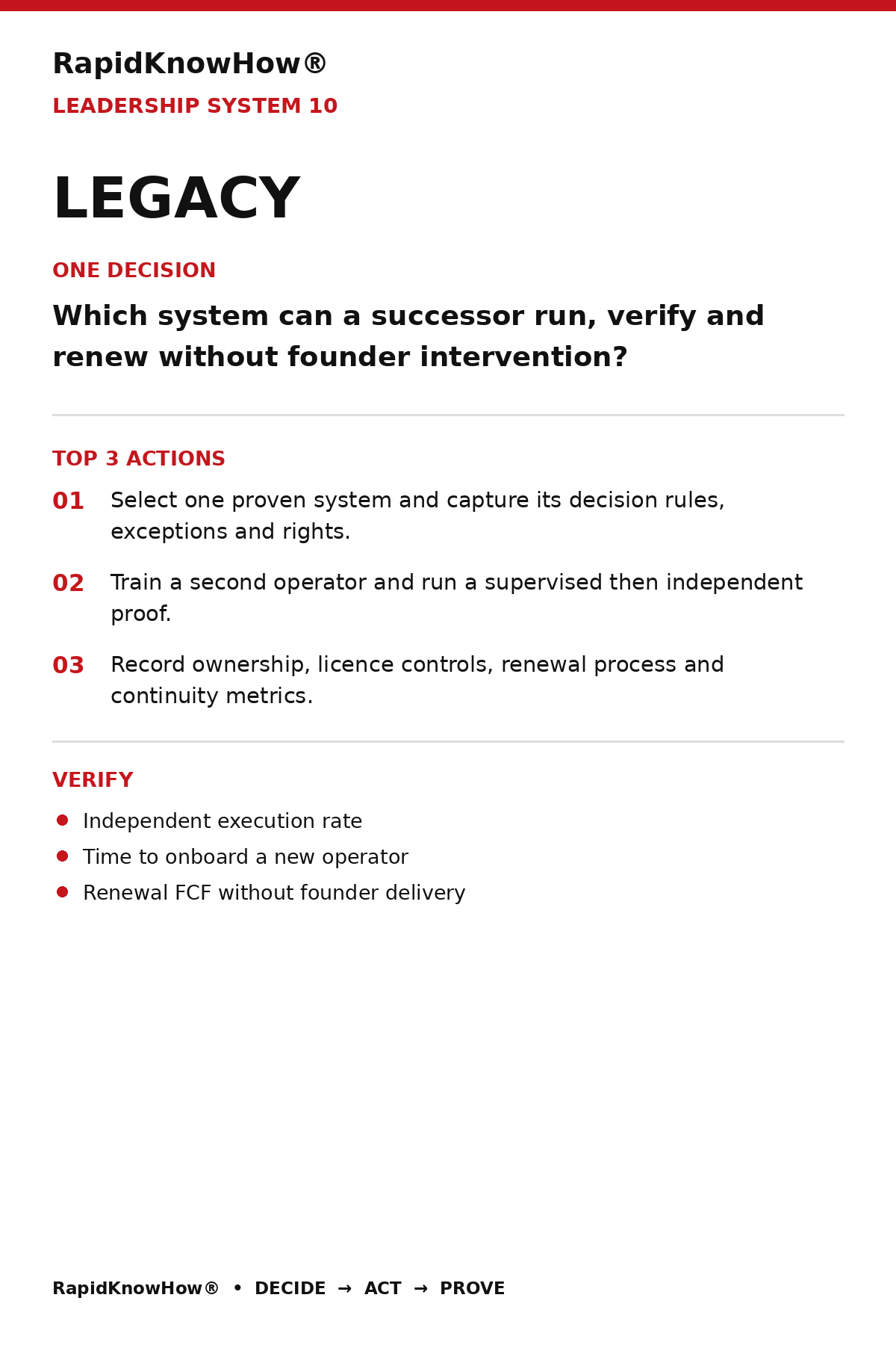 RapidKnowHow® Legacy — Action Guide