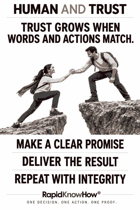 HUMAN AND TRUST. Trust grows when words and actions match. Make a clear promise, deliver the result, repeat with integrity.
