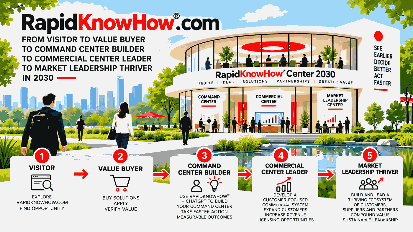 RapidKnowHow Center 2030 in a landscaped park. Five numbered steps: Visitor; Value Buyer; Command Center Builder; Commercial Center Leader; Market Leadership Thriver. Choose a numbered stage.