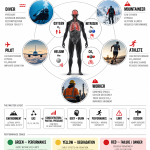 The Human and the Gases: how oxygen, nitrogen, helium and carbon dioxide influence human performance across diving, altitude, aviation, sport and industrial work.