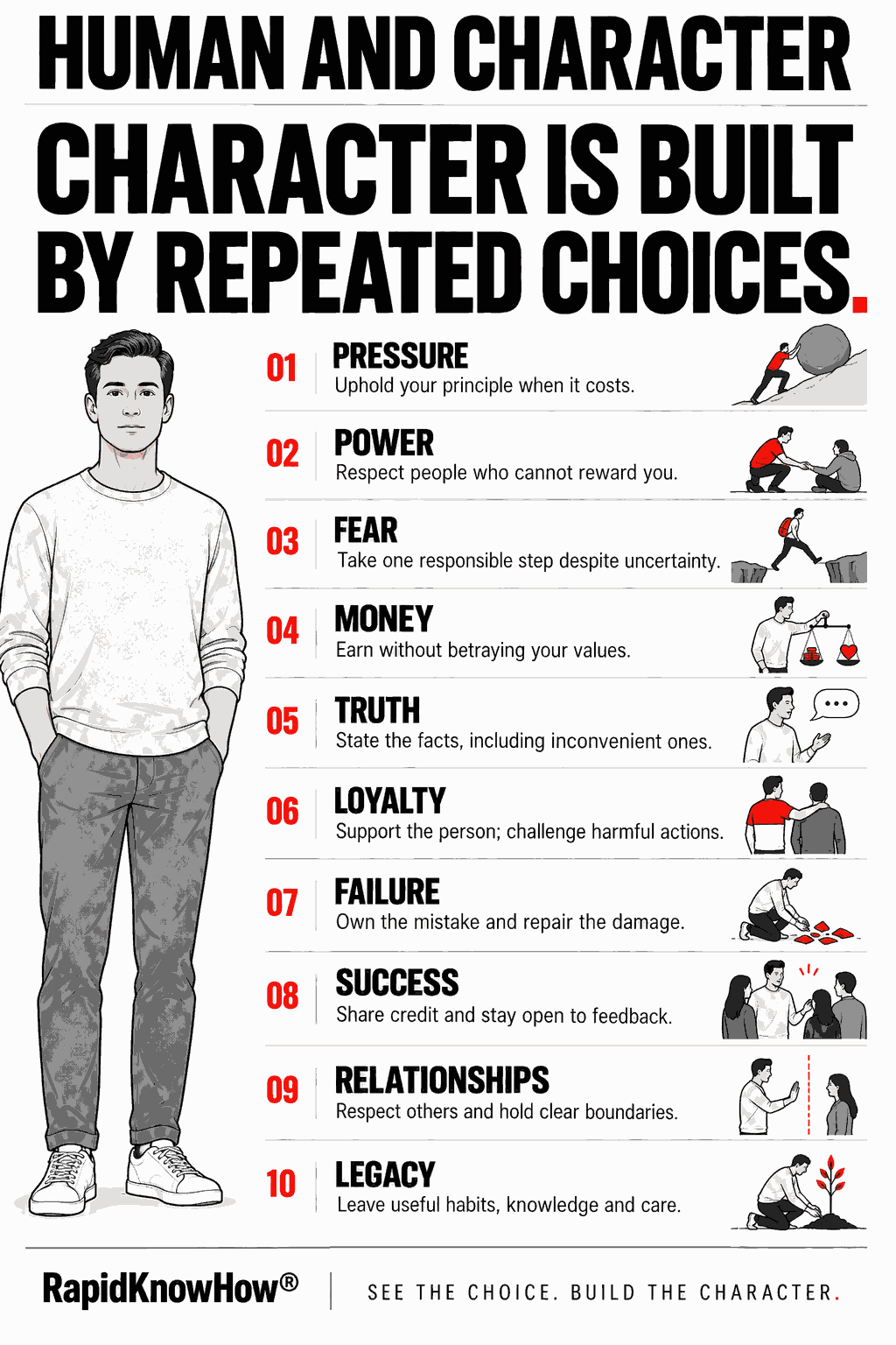 Human and Character: ten practical choices under pressure, power, fear, money, truth, loyalty, failure, success, relationships and legacy.