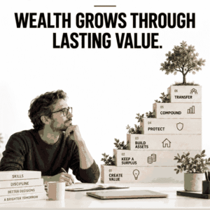 HUMAN AND WEALTH. Wealth grows through lasting value. Create value, keep a surplus, build assets, protect, compound and transfer.