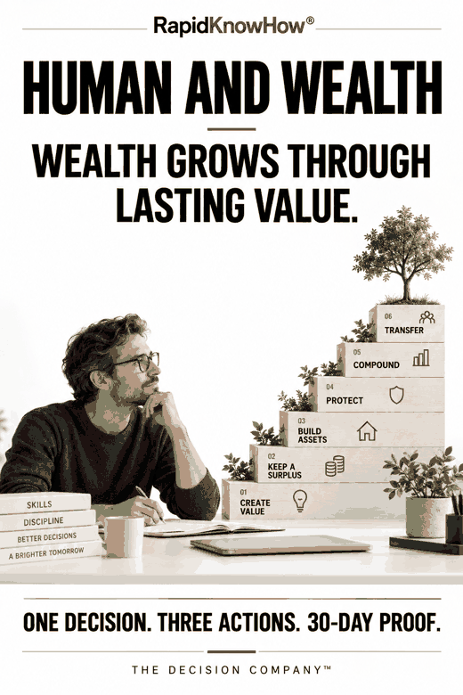 HUMAN AND WEALTH. Wealth grows through lasting value. Create value, keep a surplus, build assets, protect, compound and transfer.