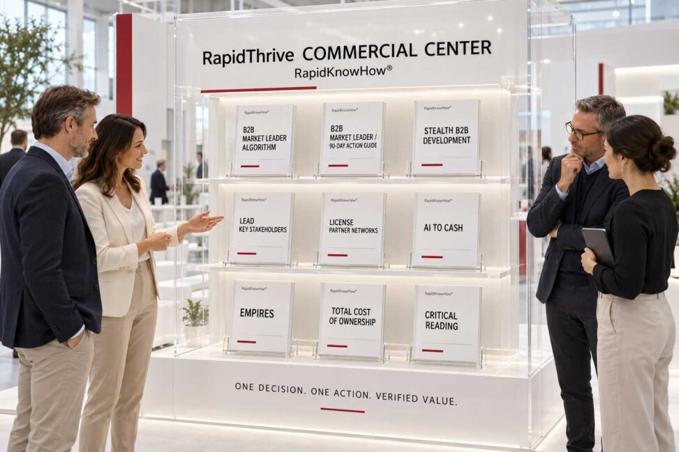 Nine books on the approved Plexiglas exhibition stand with four business visitors.