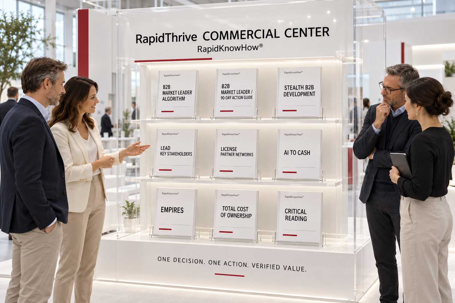 RapidThrive Commercial Center — nine books on a Plexiglas exhibition stand with visitors.